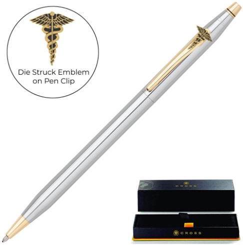 Engraved Cross Pen Caduceus Medical Emblem