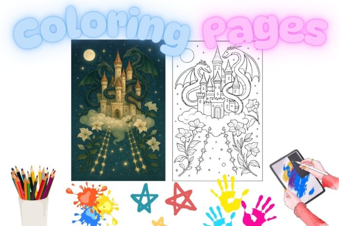 Free Coloring Page Floating Castle on a Cloud